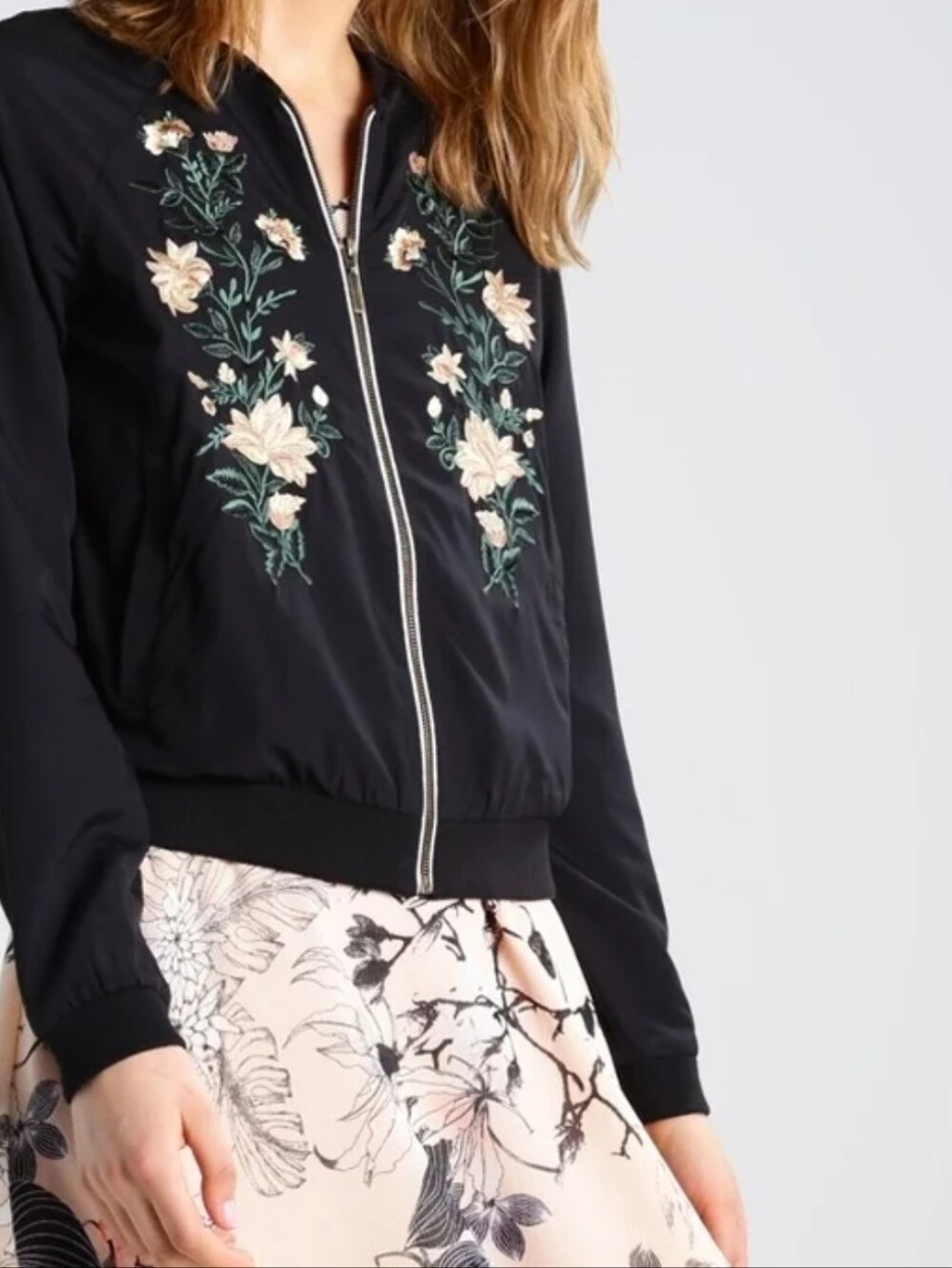 ONLY Black Bomber Jacket with Floral Embroidery